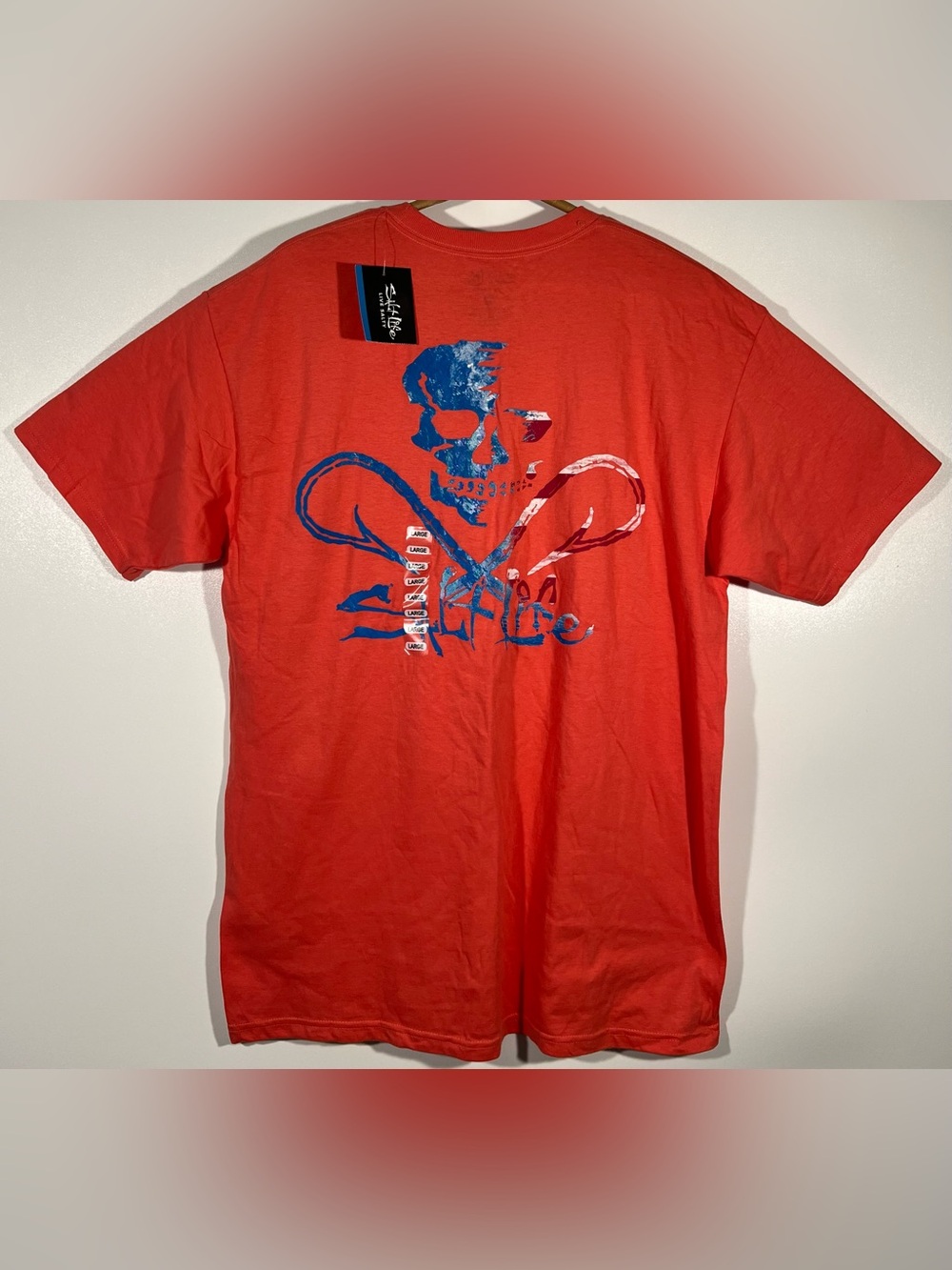 Salt Life Ameriskull T Shirt Mens Large L RG Red Skull Fish Hooks Pocket Tee NWT